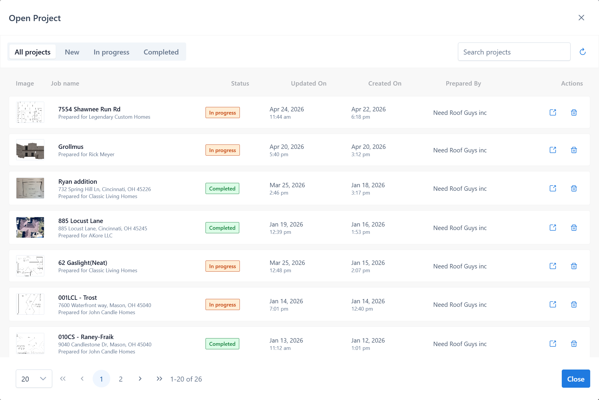 Open Project modal with saved projects