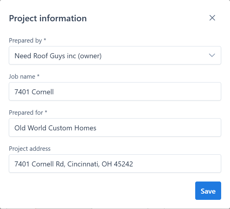 Project Information modal