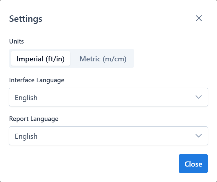 Settings modal with units and language options