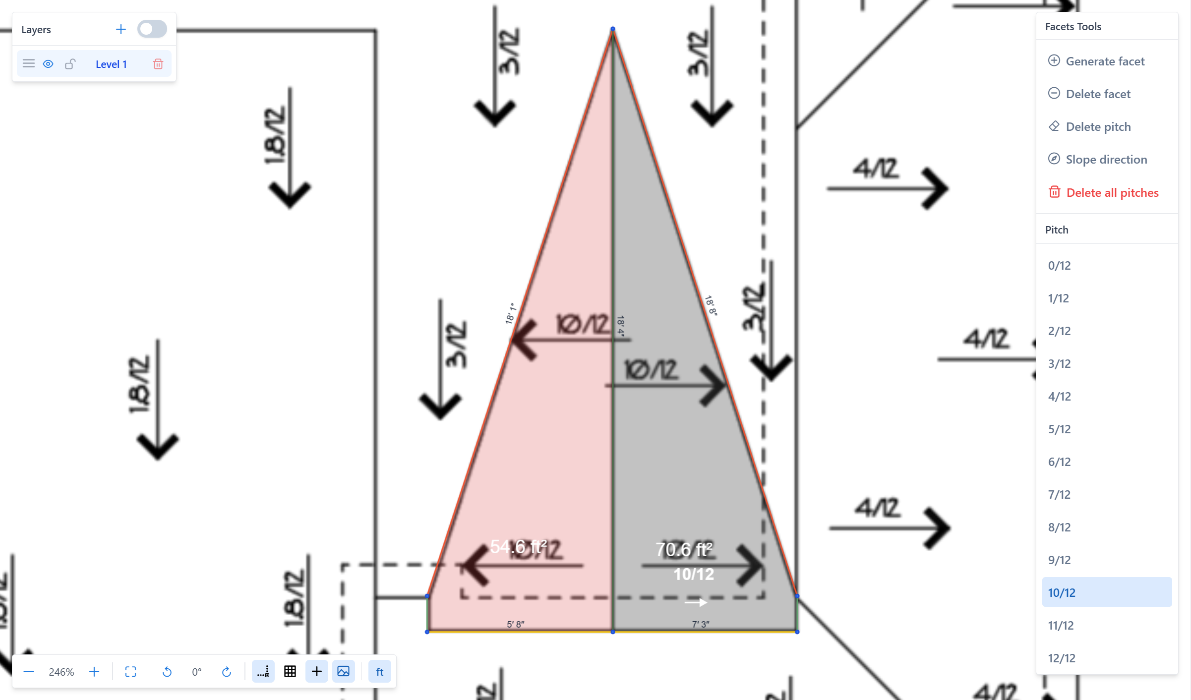 Facet with slope direction arrow from ridge to eave